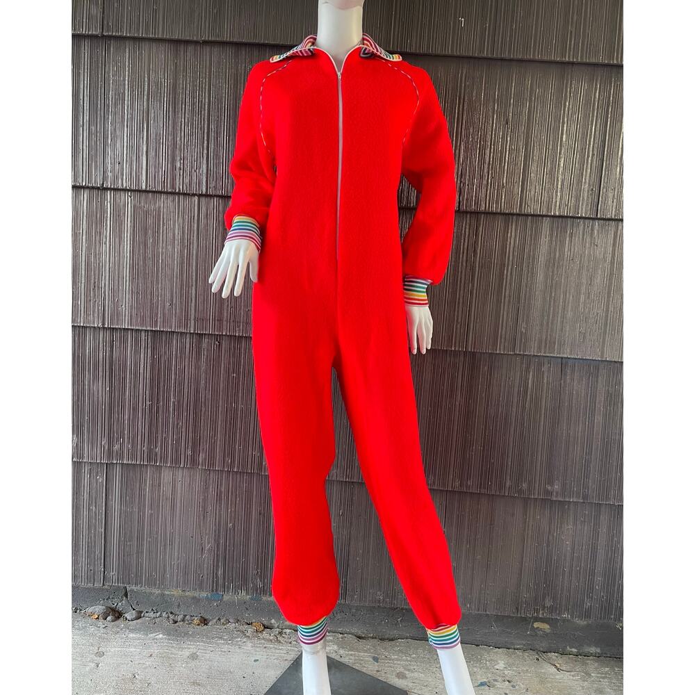 🔥Vintage 70s Sears Jr Bazaar Red Fleece Striped  Retro Jumpsuit Pajamas Sz 13